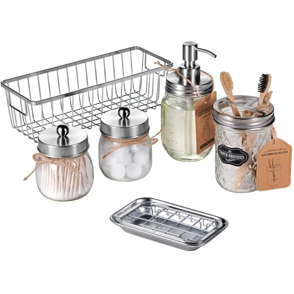6 piece bathroom set soap dispenser toothbrush holder jars soap holder & basket